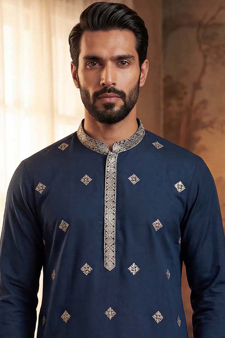 Silk Blend Blue Solid Embroidered Calf Length Straight Kurta | SHOBITAM