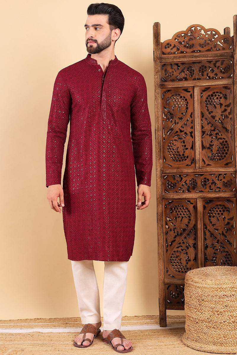 Maroon Viscose Rayon Solid Embroidered Straight Kurta For Men | SHOBITAM