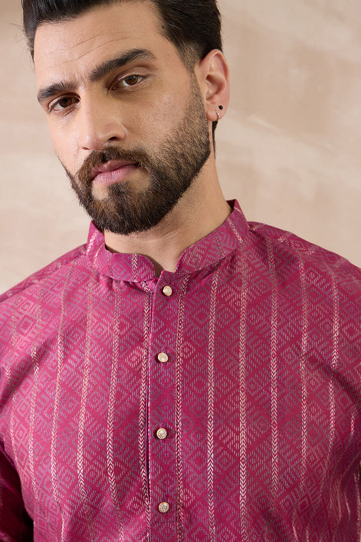 Pink Silk Blend Printed Mandarin Collar Straight Kurta | SHOBITAM