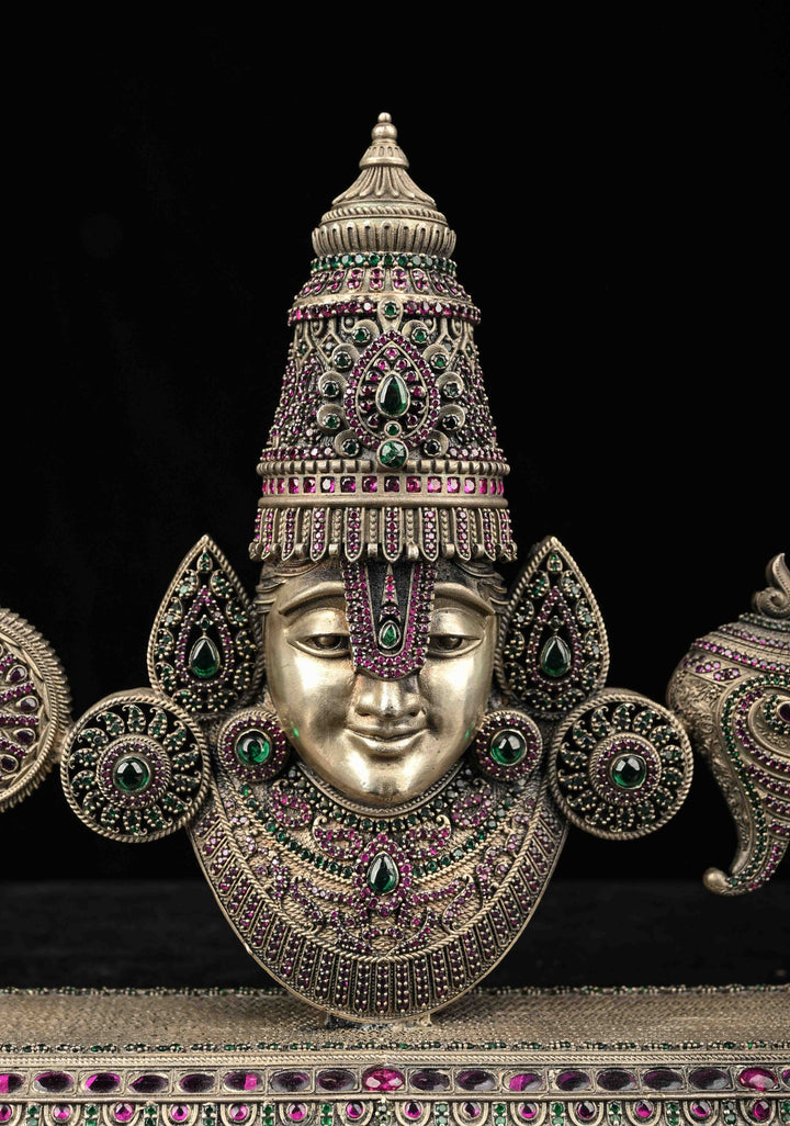 Pure 92.5 silver Tirupati idol with Antique Finish and Gemstones encrusted