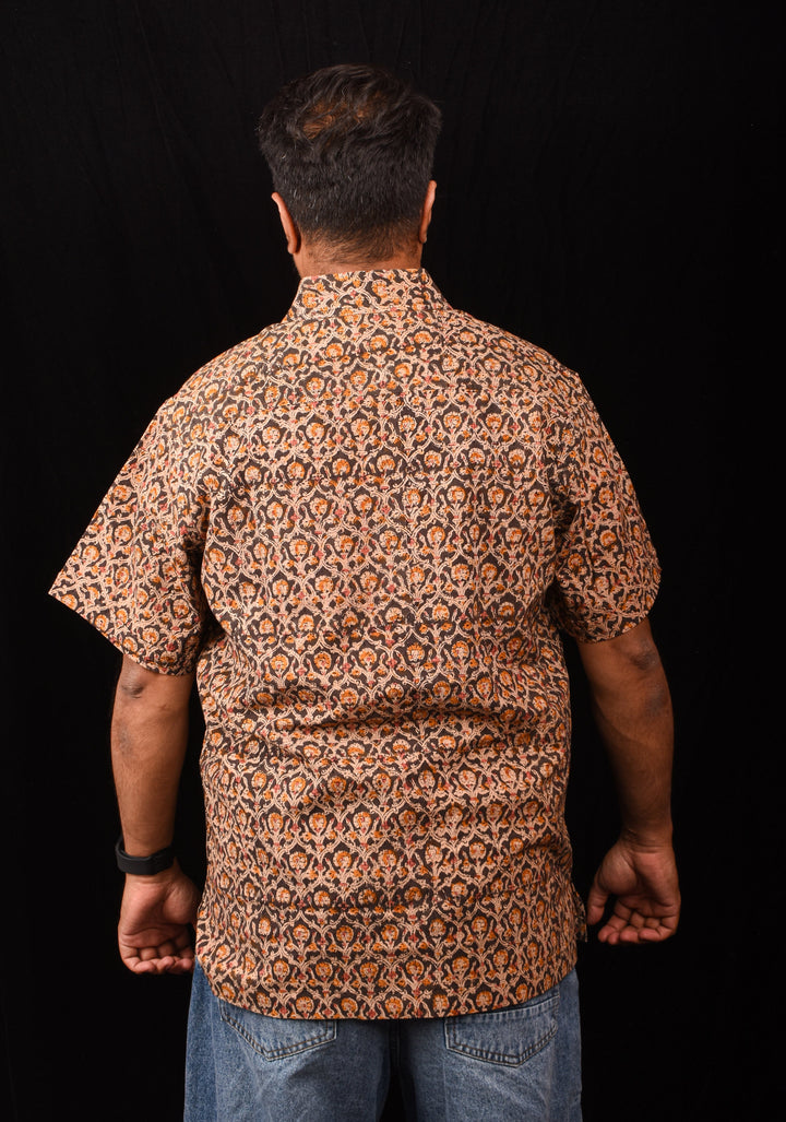 Brown Black Kalamkari Handblock Printed Cotton Mens Shirt Taal