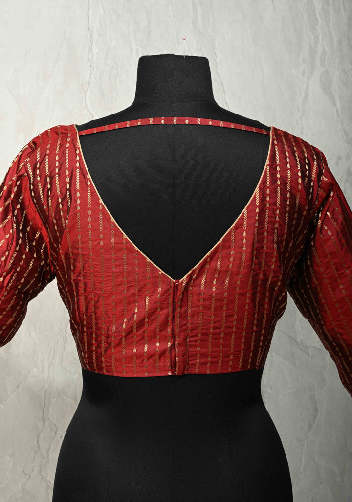 SIZE 42" Maroon Pure Silk Boat Neck Blouse with Zari Ornated Stripes and 3/4  Sleeves