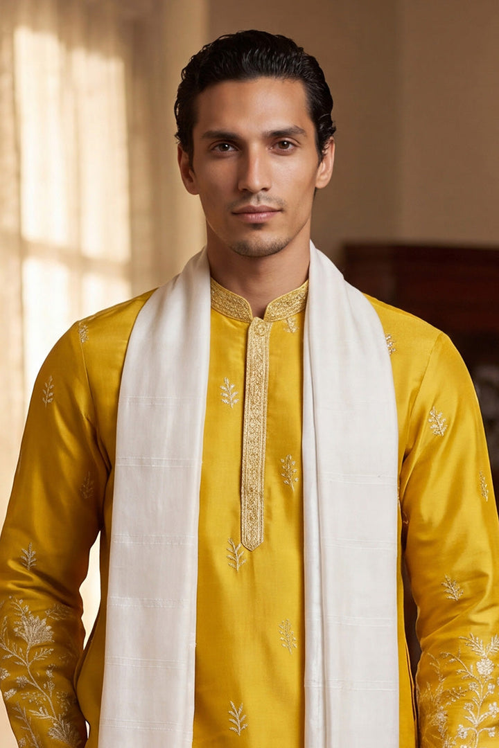 Men Yellow Chanderi Silk Solid Embroidered Straight Kurta Trouser with Dupatta | SHOBITAM