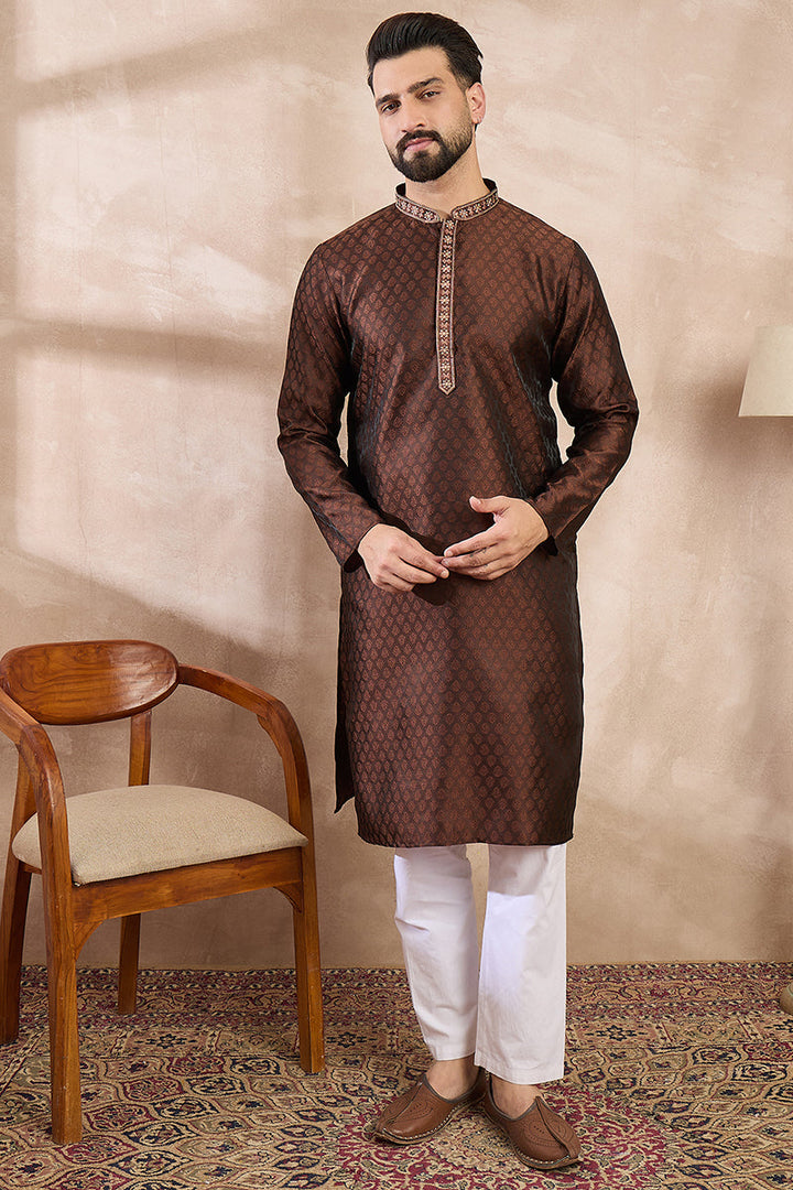 Brown Silk Blend Solid Woven Design Straight Kurta With Trouser | SHOBITAM