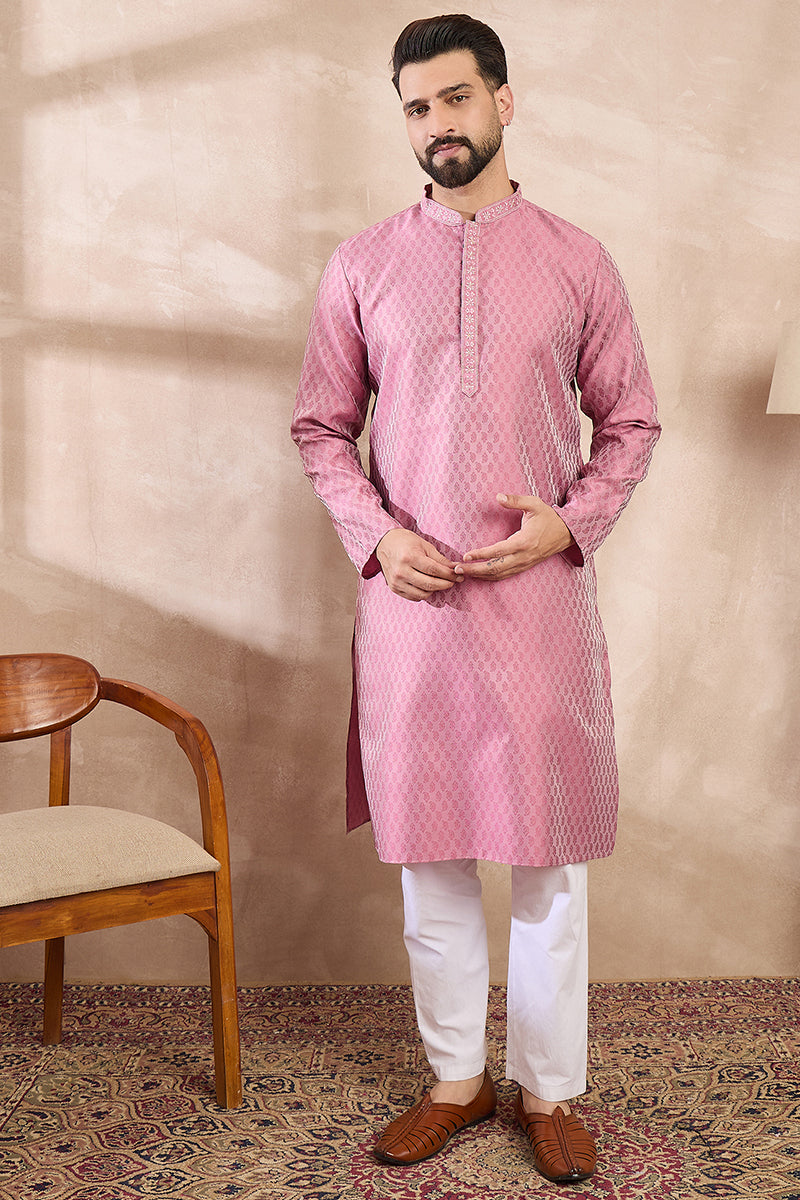 Pink Silk Blend Solid Woven Design Straight Kurta For Men | SHOBITAM
