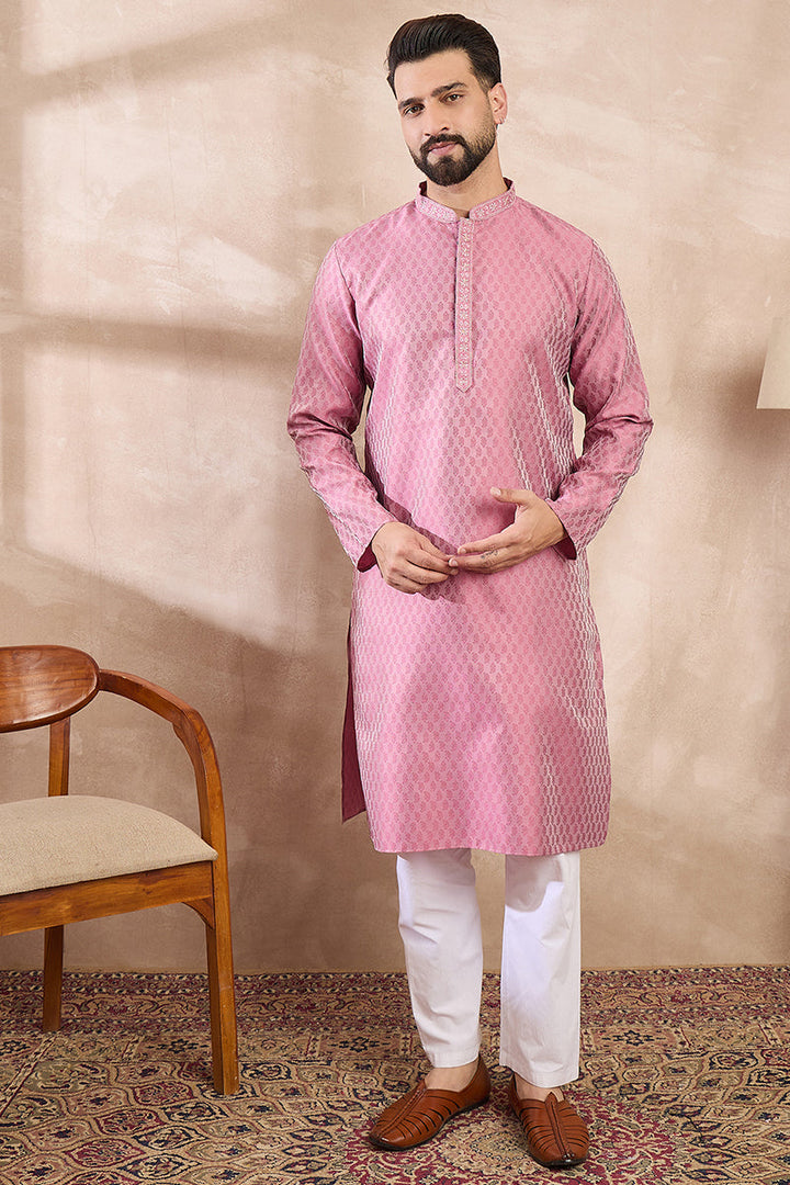Pink Silk Blend Solid Woven Design Straight Kurta For Men | SHOBITAM