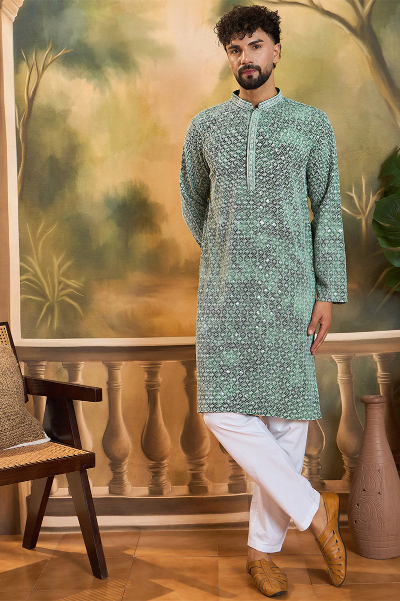 Green Viscose Rayon Shibori Embroidered Straight Kurta with Trouser  | SHOBITAM