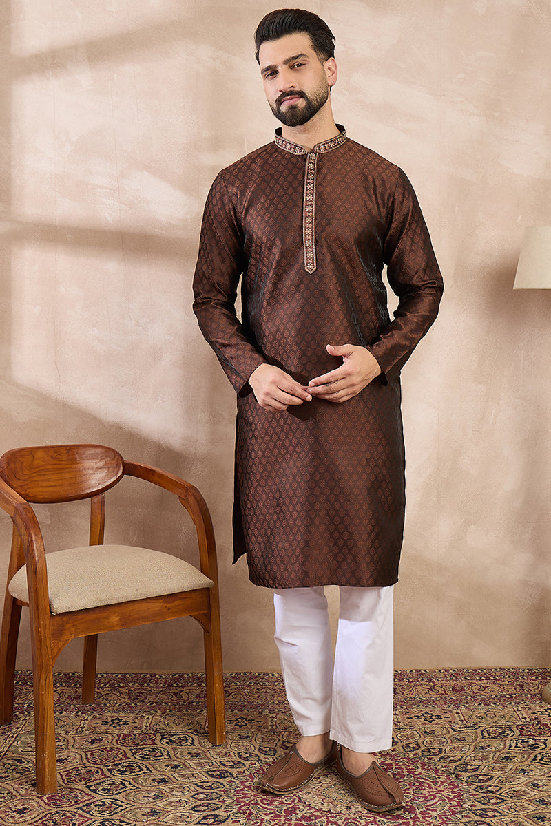 Brown Silk Blend Solid Woven Design Straight Kurta | SHOBITAM