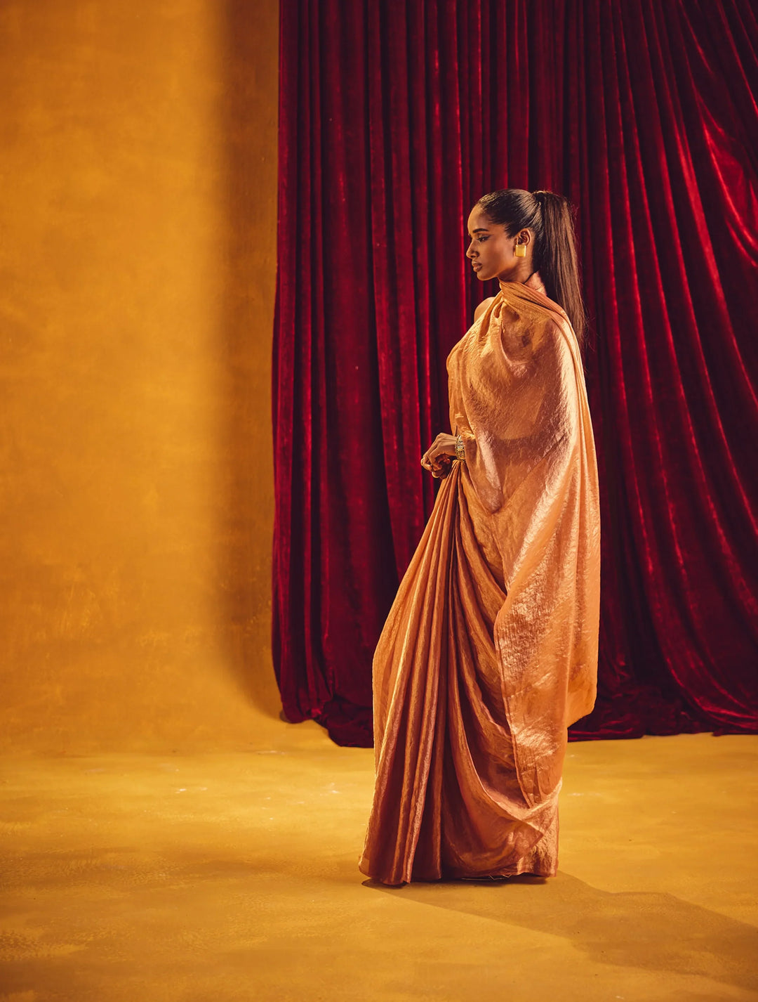 Peach Copper Tissue Saree With Unstitched Blouse | SHOBITAM