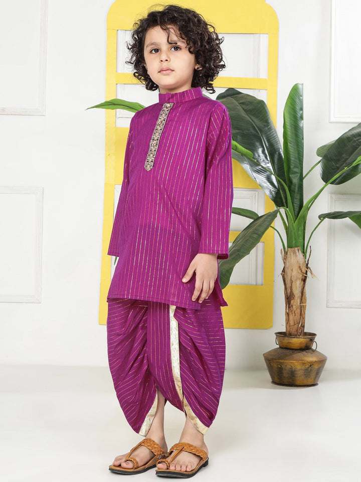 Purple Lurex Striped Cotton Kurta Dhoti set | SHOBITAM