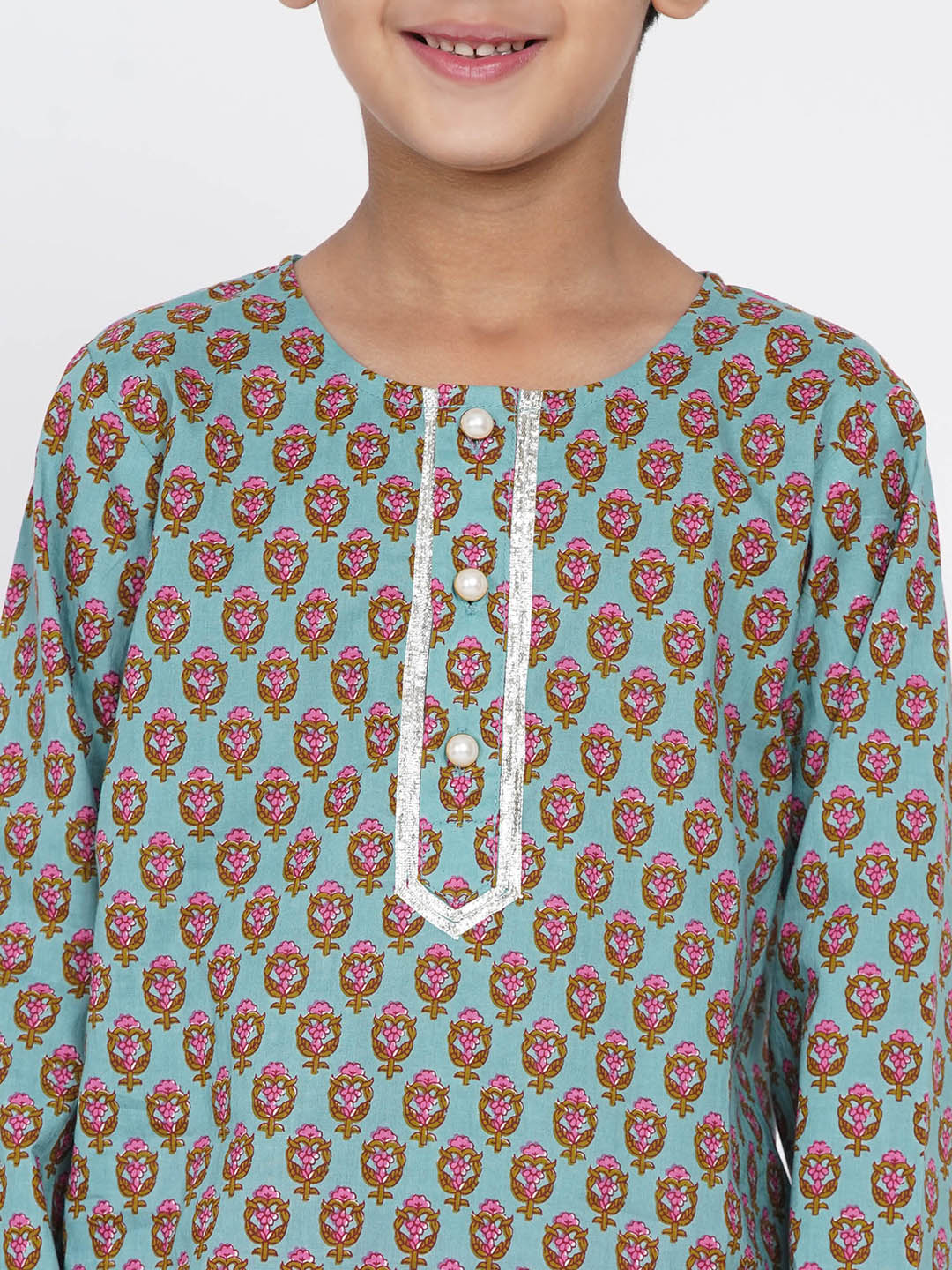 Boys Floral Kurta with Pearl Buttons and Dhoti in Blue and Pink  | SHOBITAM