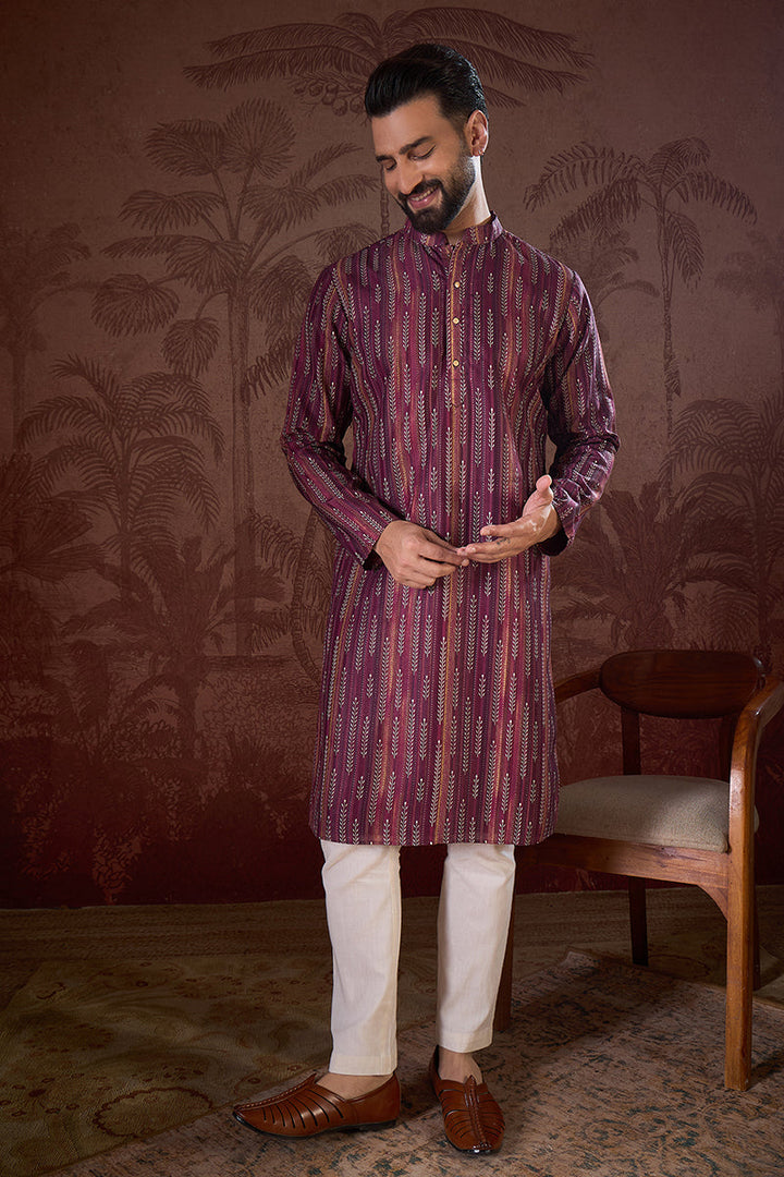 Purple Silk Blend Striped Printed Straight Kurta With Trouser | SHOBITAM