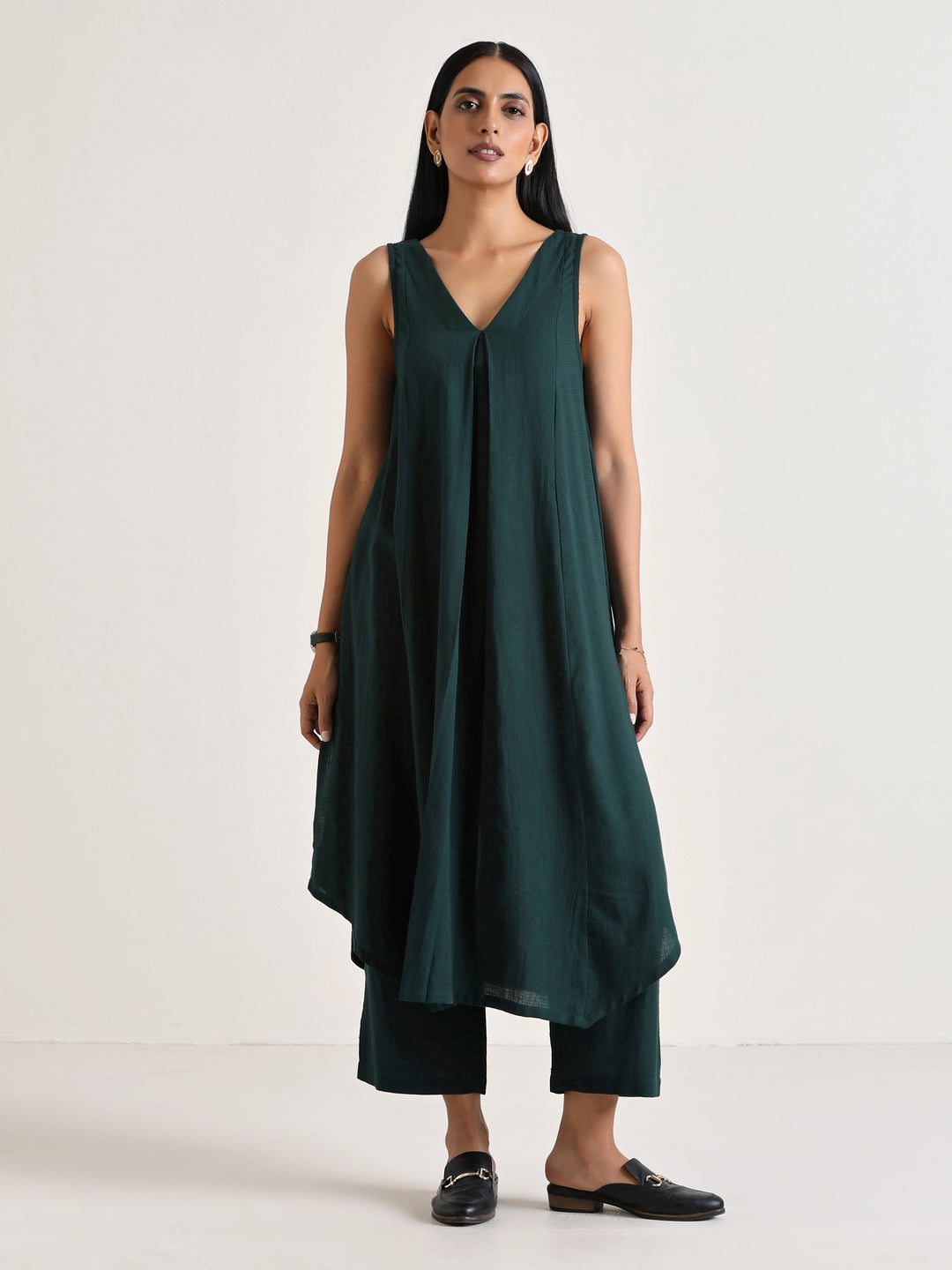 Dark Green Sleeveless Flared Kurta Pant Set | SHOBITAM