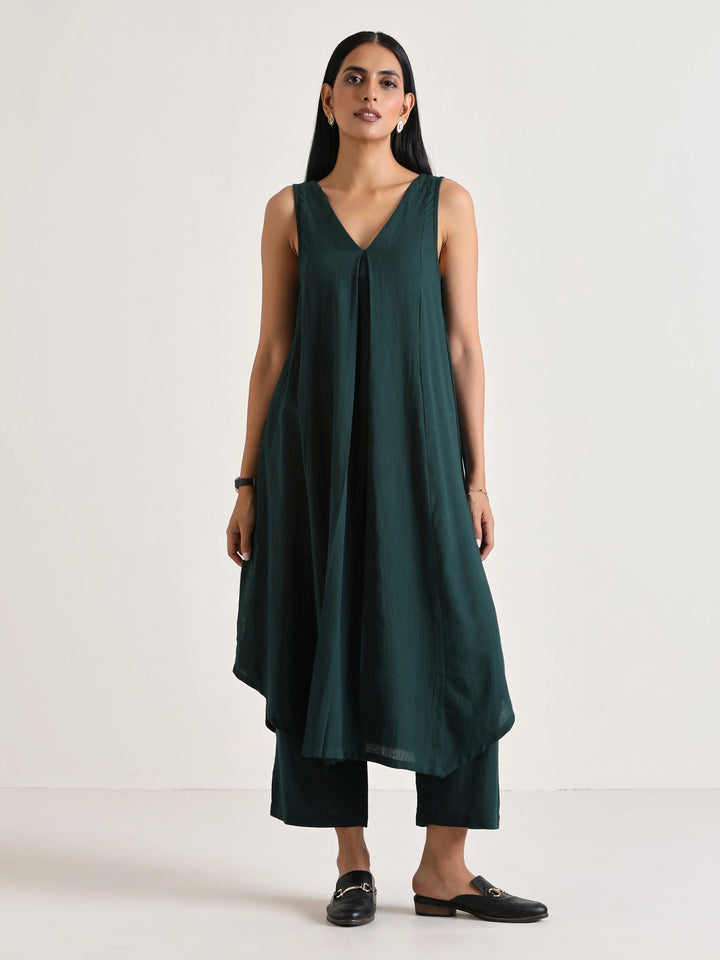 Dark Green Sleeveless Flared Kurta Pant Set | SHOBITAM