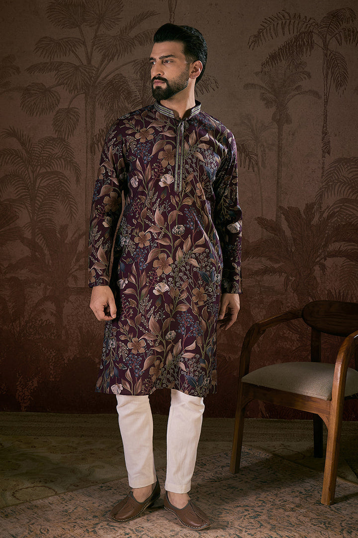 Purple Silk Blend Floral Printed Straight Kurta For Men | SHOBITAM