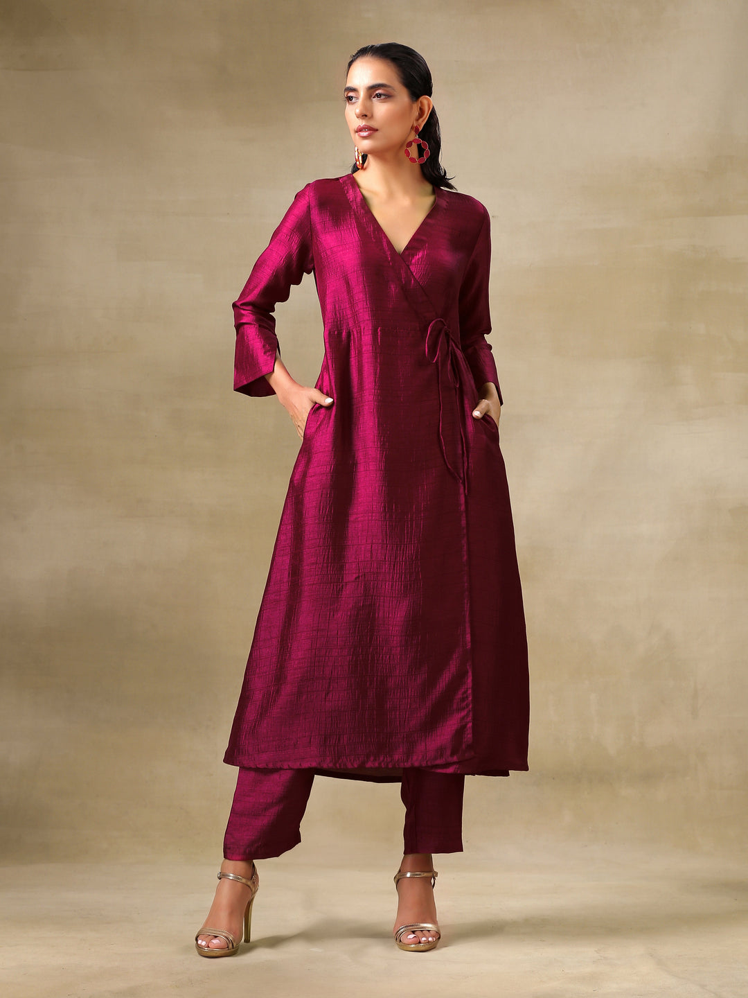 Purple Textured Silk Angrakha Kurta Pant Set | SHOBITAM