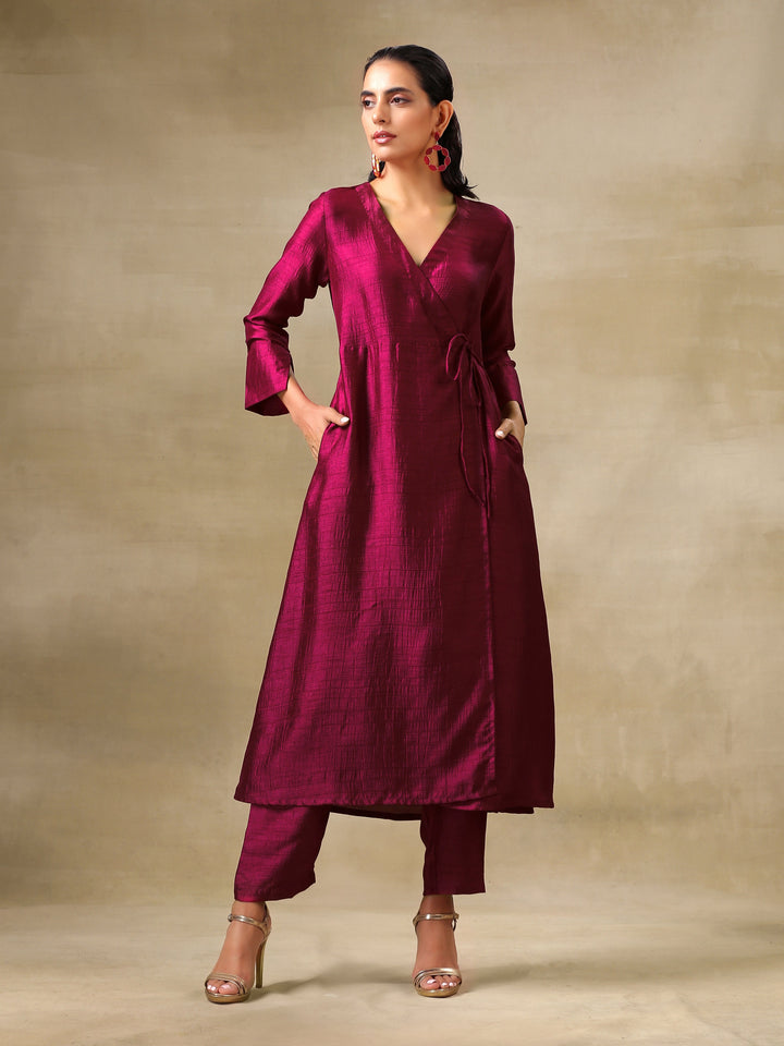 Purple Textured Silk Angrakha Kurta Pant Set | SHOBITAM