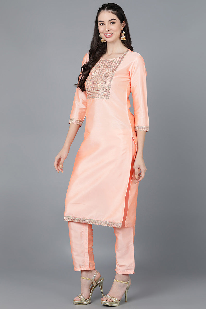 Peach Poly Silk A-Line Kurta Pant With Dupatta  | SHOBITAM