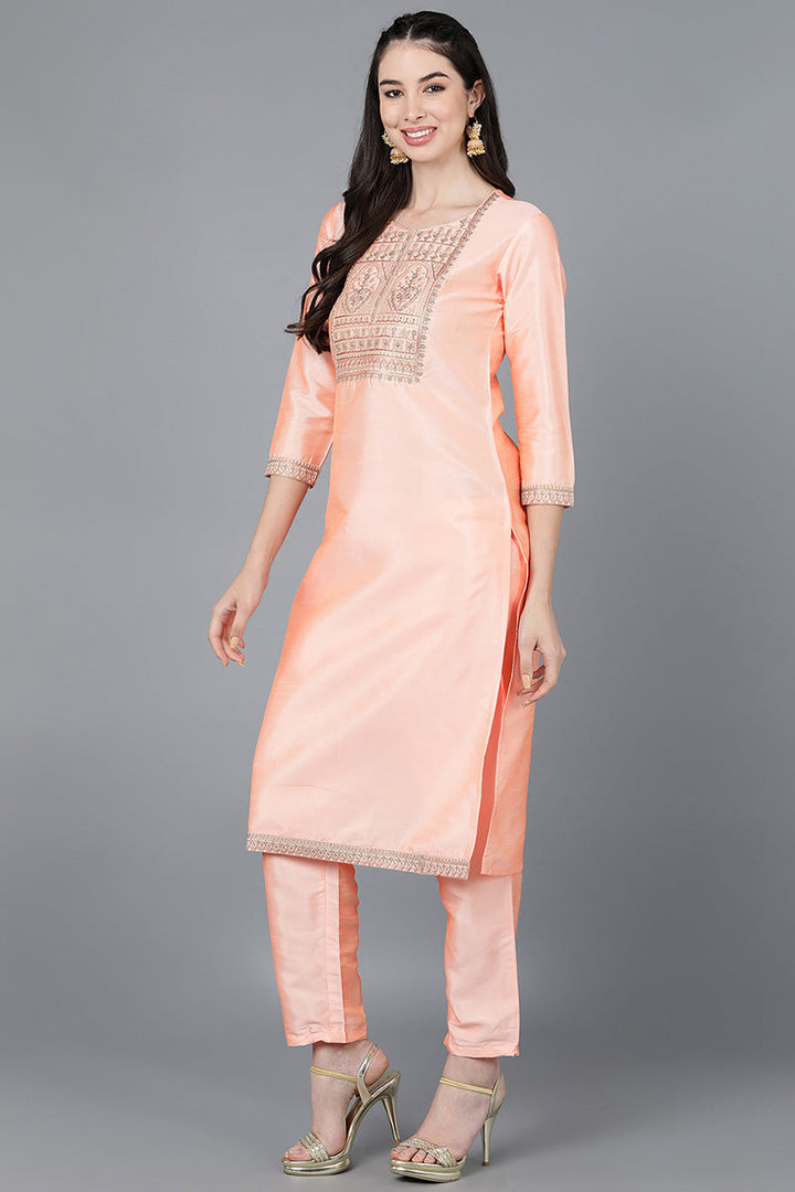 Peach Poly Silk A-Line Kurta Pant With Dupatta  | SHOBITAM
