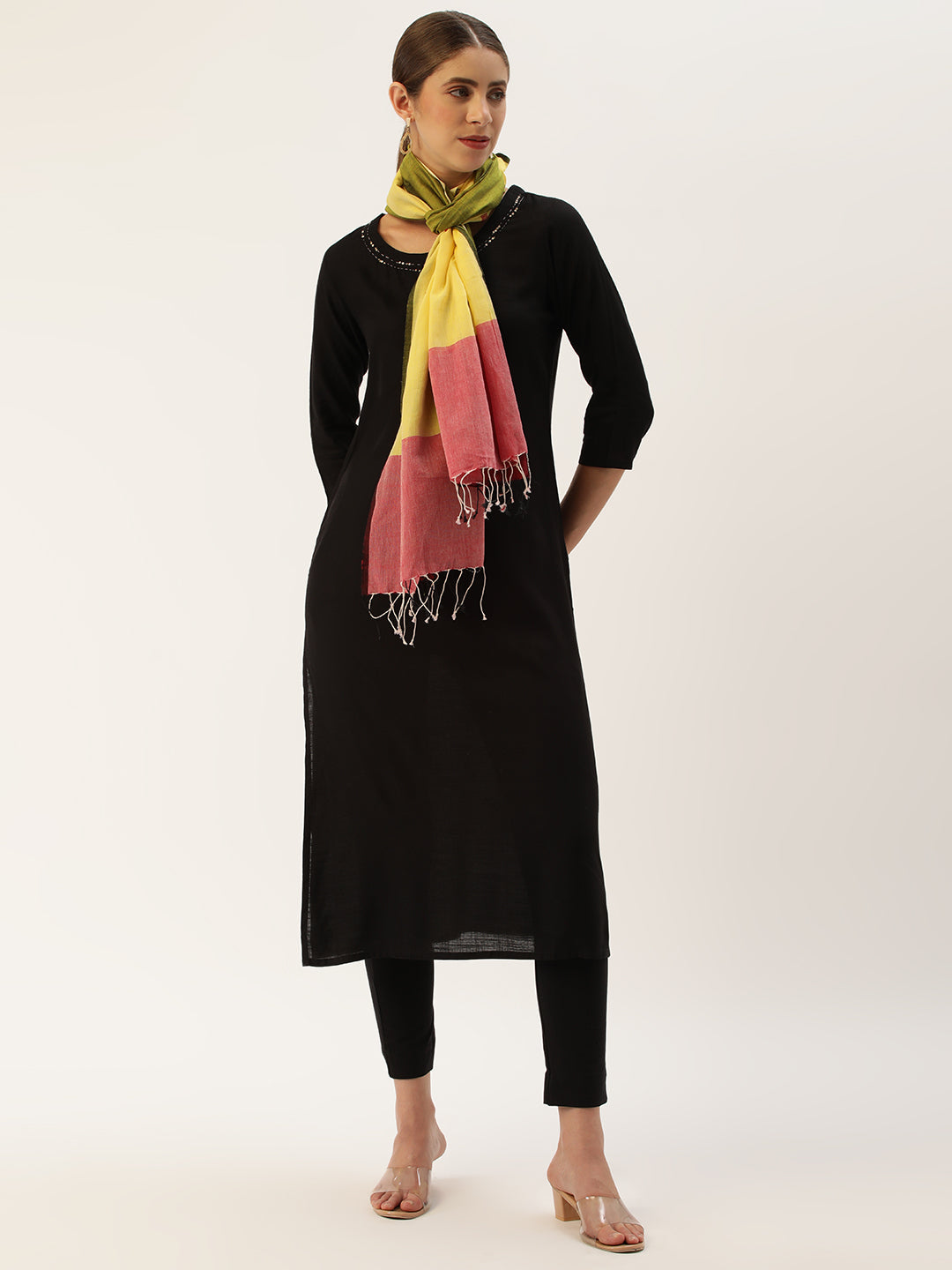 Red and yellow Jamdani Cotton Stole | SHOBITAM