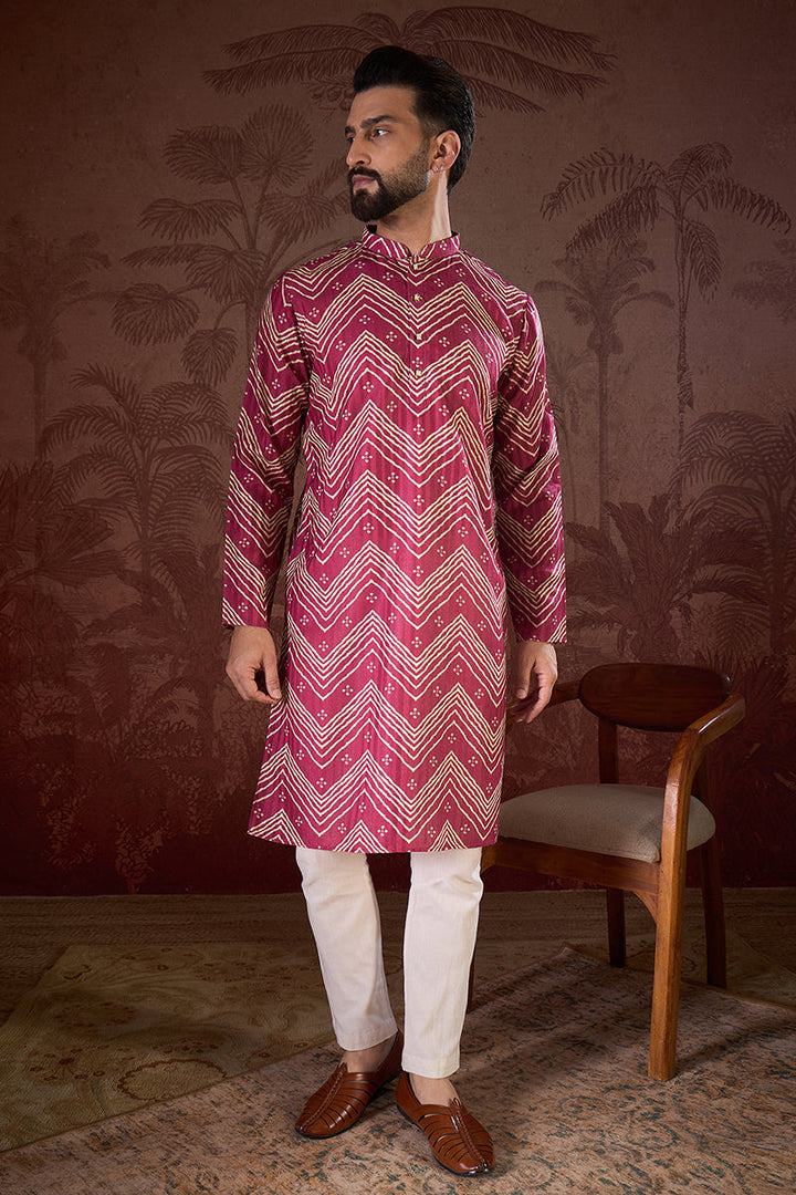 Magenta Silk Blend Chevron Printed Straight Kurta With Trouser | SHOBITAM