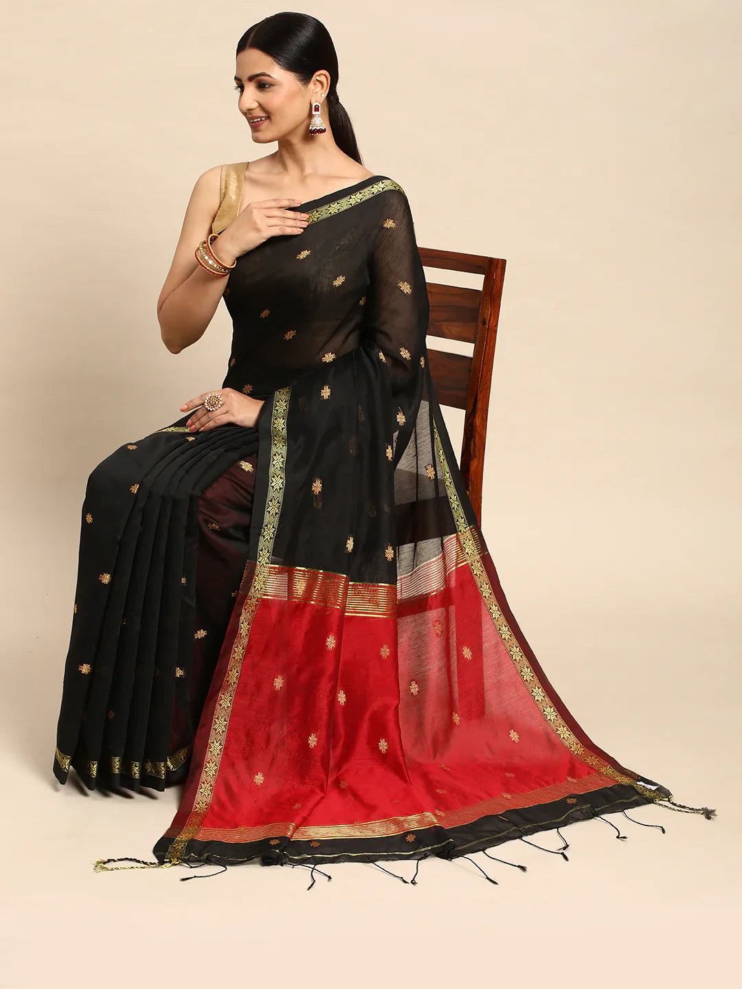 Black Zari Buti Silk Cotton Saree with blouse piece