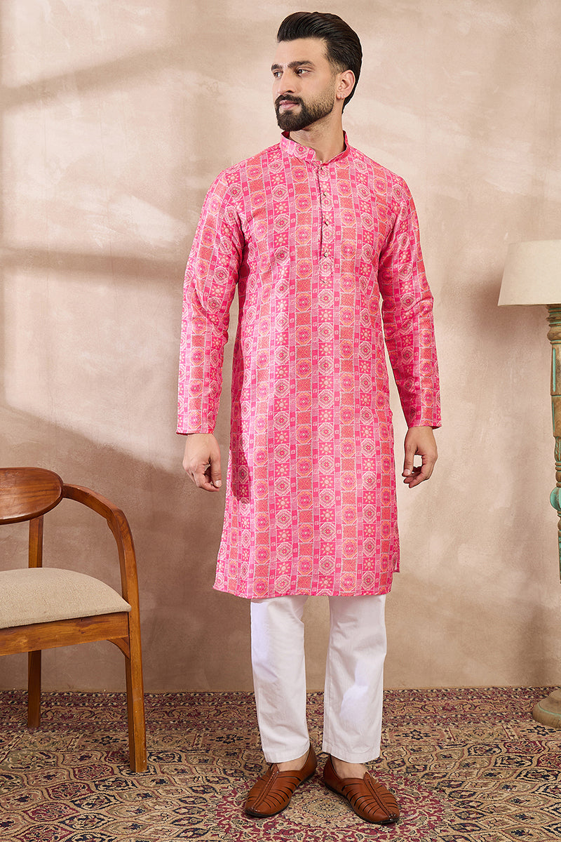 Pink Silk Blend Ethnic Motifs Printed Straight Kurta For Men | SHOBITAM