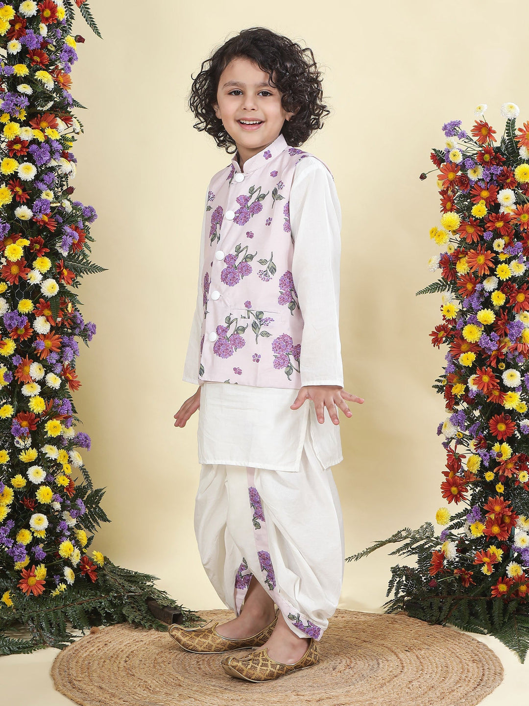 Baby Purple Floral Muslin Nehru Jacket with Cream Cotton Kurta Dhoti Set | SHOBITAM