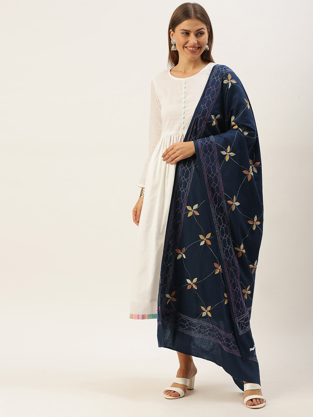 Navy Floral Kantha Cotton Dupatta | SHOBITAM