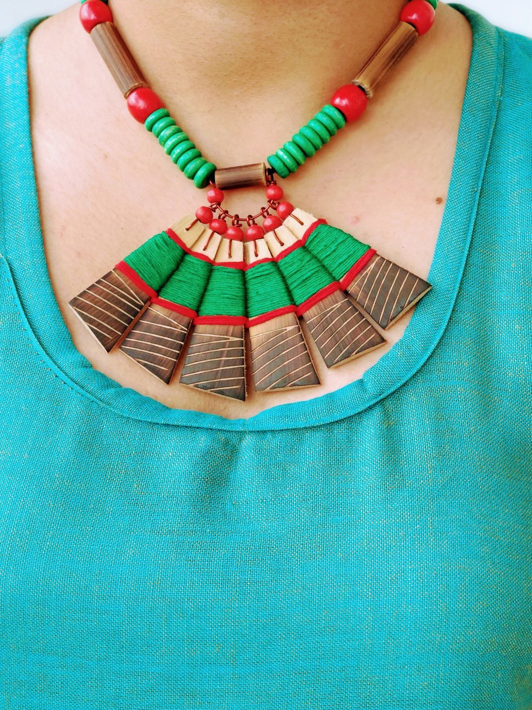Handmade Green Red Bamboo Tribal Jewellery Set | SHOBITAM