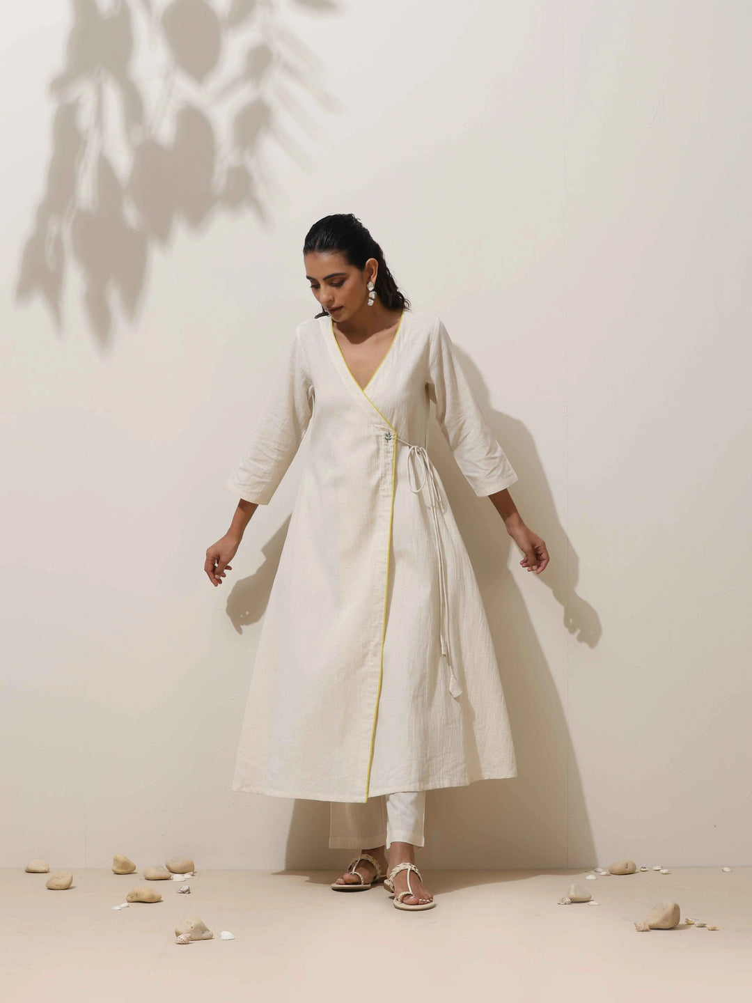 Off White Cotton Linen Angrakha Kurta Pant Set | SHOBITAM