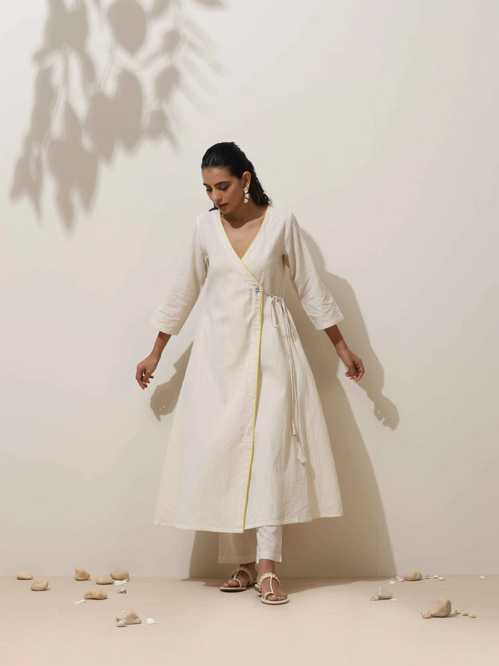 Off White Cotton Linen Angrakha Kurta Pant Set | SHOBITAM