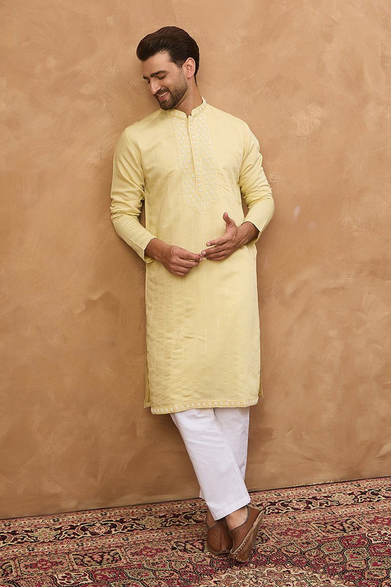 Yellow Silk Blend Solid Embroidered Straight Kurta  | SHOBITAM