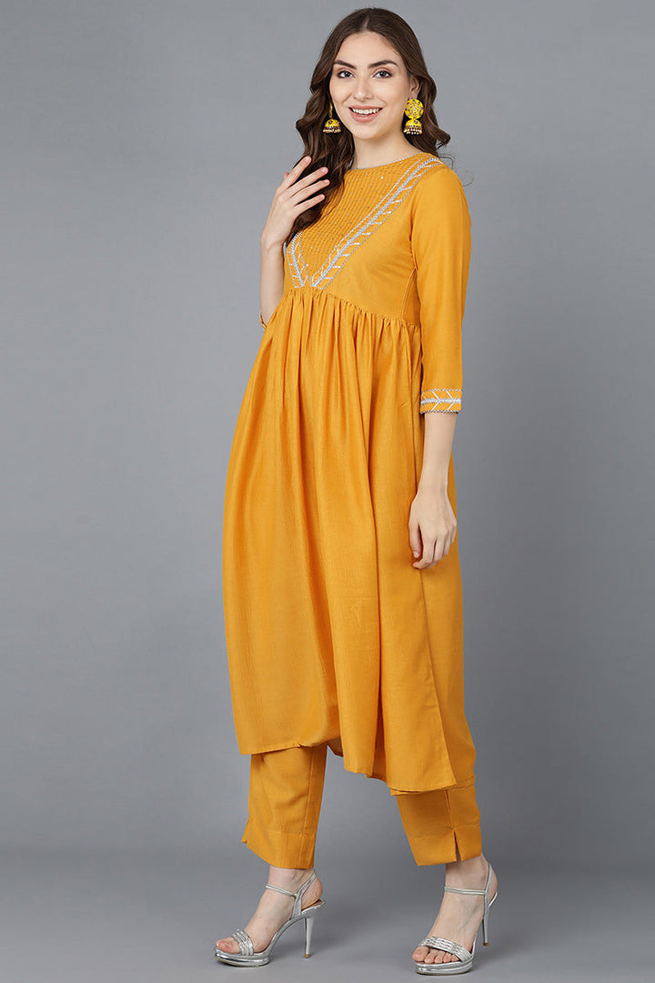 Mustard Poly Silk Flared Suit Set | SHOBITAM