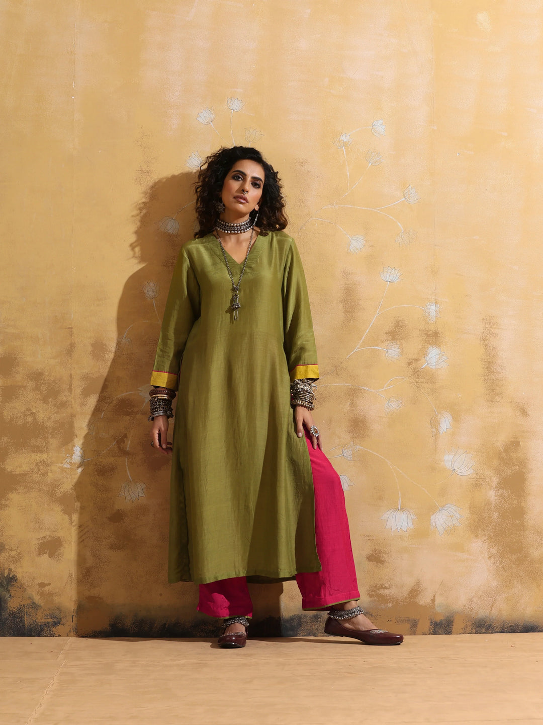 Green Muslin Silk High-Slit Kurta Pant Set  | SHOBITAM