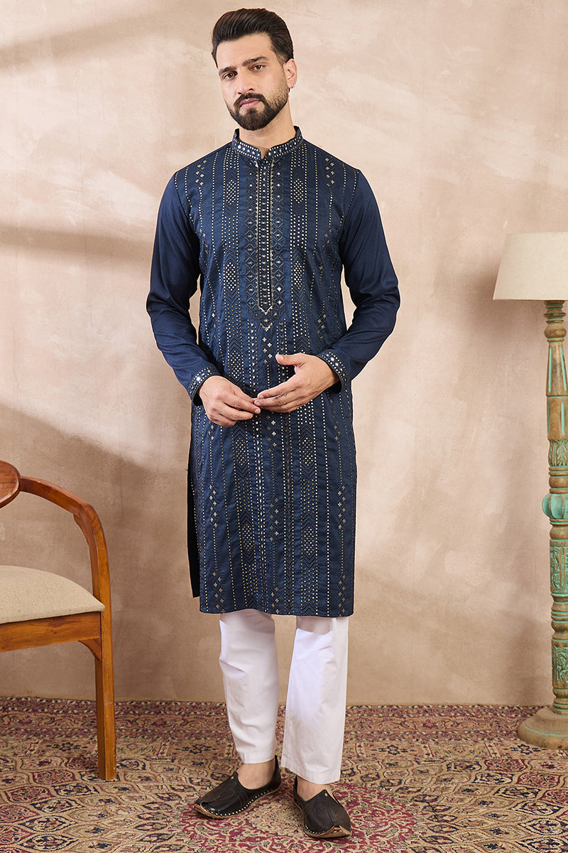Blue Silk Blend Geometric Embroidered Straight Kurta For Men | SHOBITAM