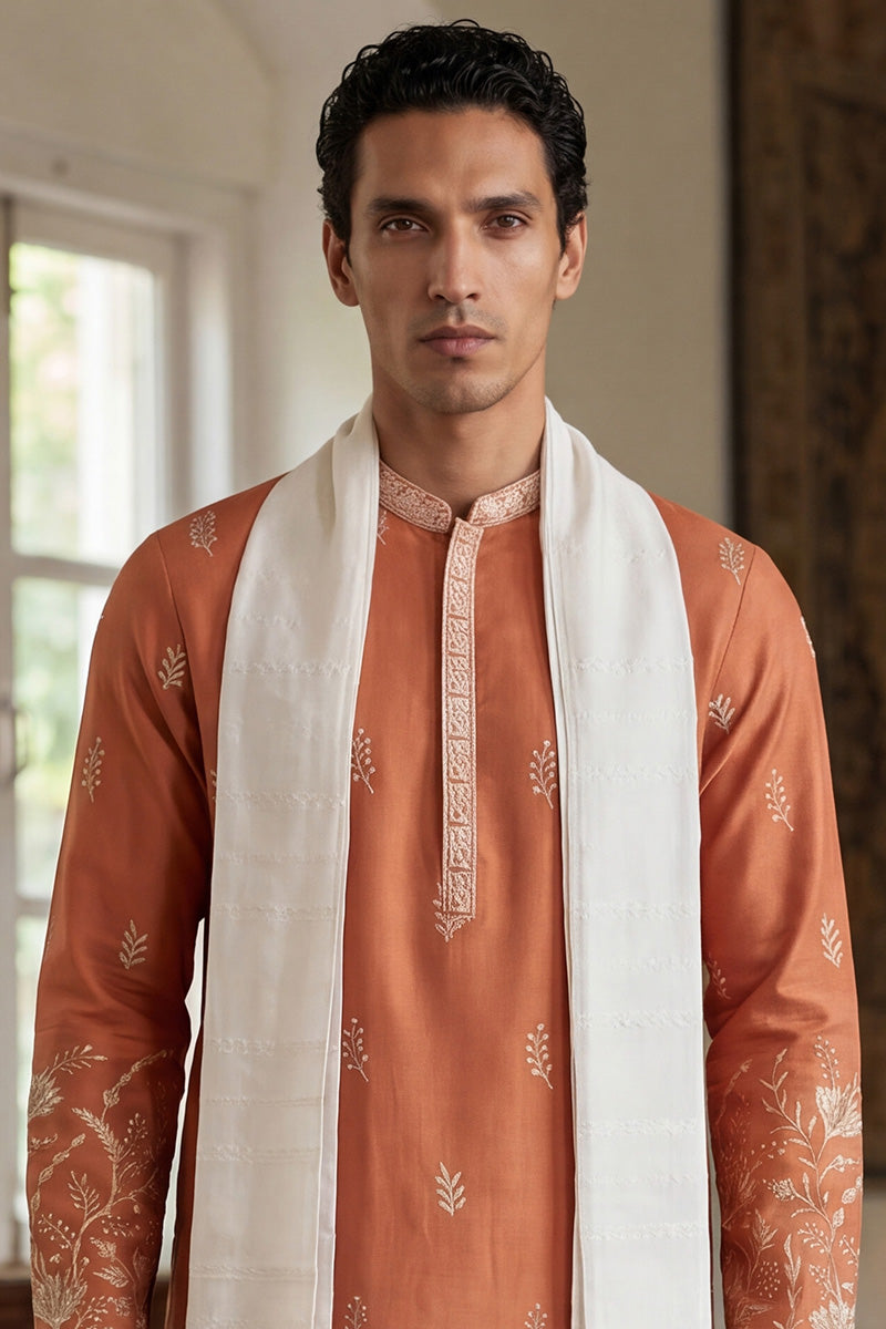 Men Peach Vartican Solid Embroidered Straight Kurta Sets  | SHOBITAM
