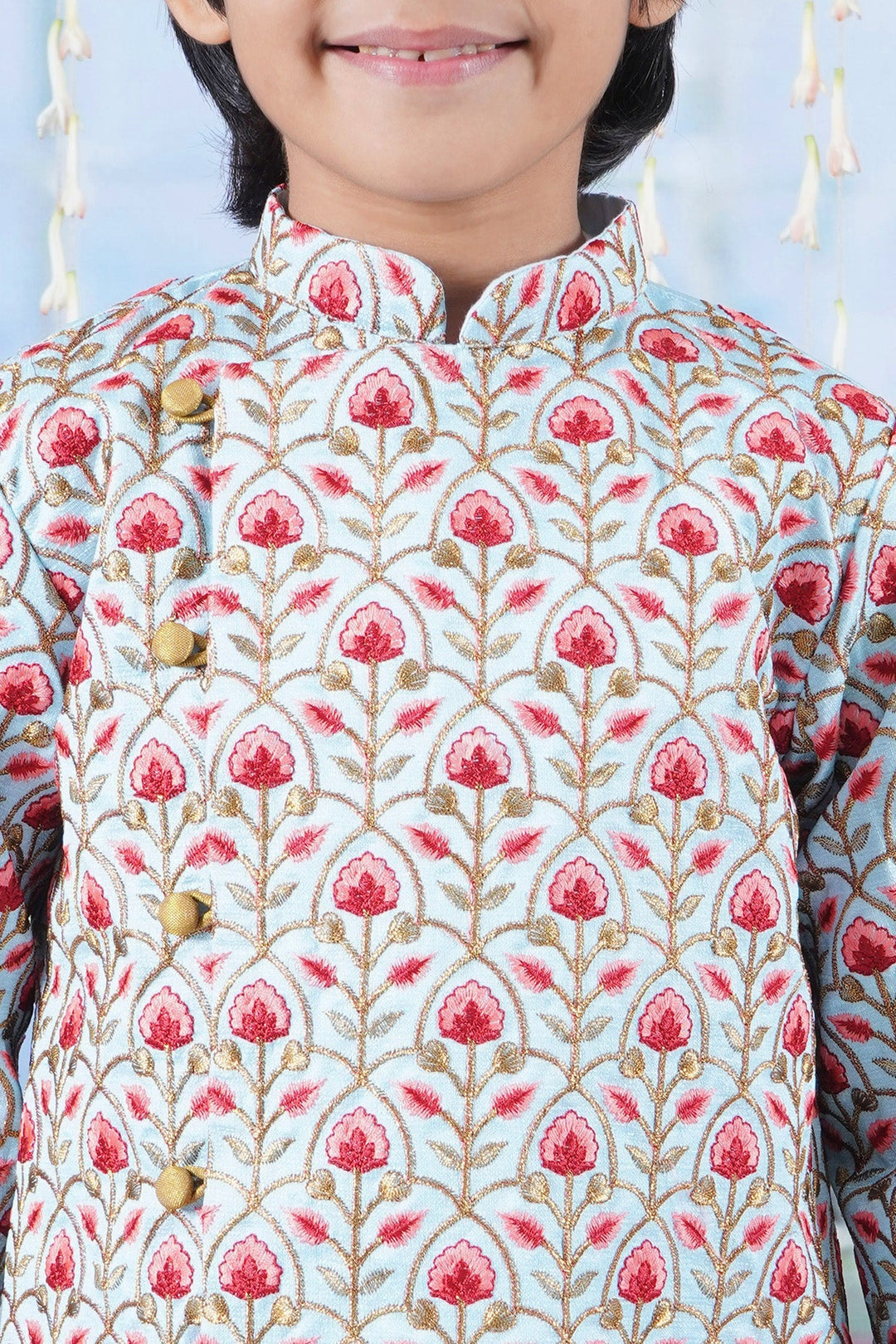 Boys Bageecha Floral Thread work Angrakha Sherwani with Beige Silk Dhoti | SHOBITAM