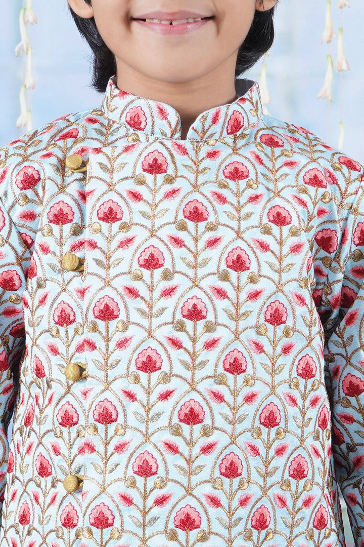 Boys Bageecha Floral Thread work Angrakha Sherwani with Beige Silk Dhoti | SHOBITAM