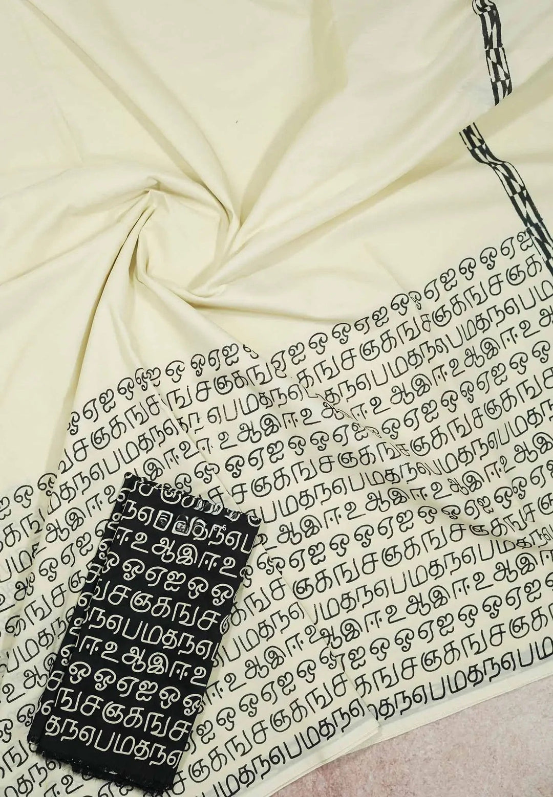 Offwhite Bamboo Cotton Saee with semmozhi tamil handblock print | SHOBITAM