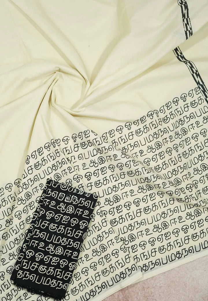Offwhite Bamboo Cotton Saee with semmozhi tamil handblock print | SHOBITAM