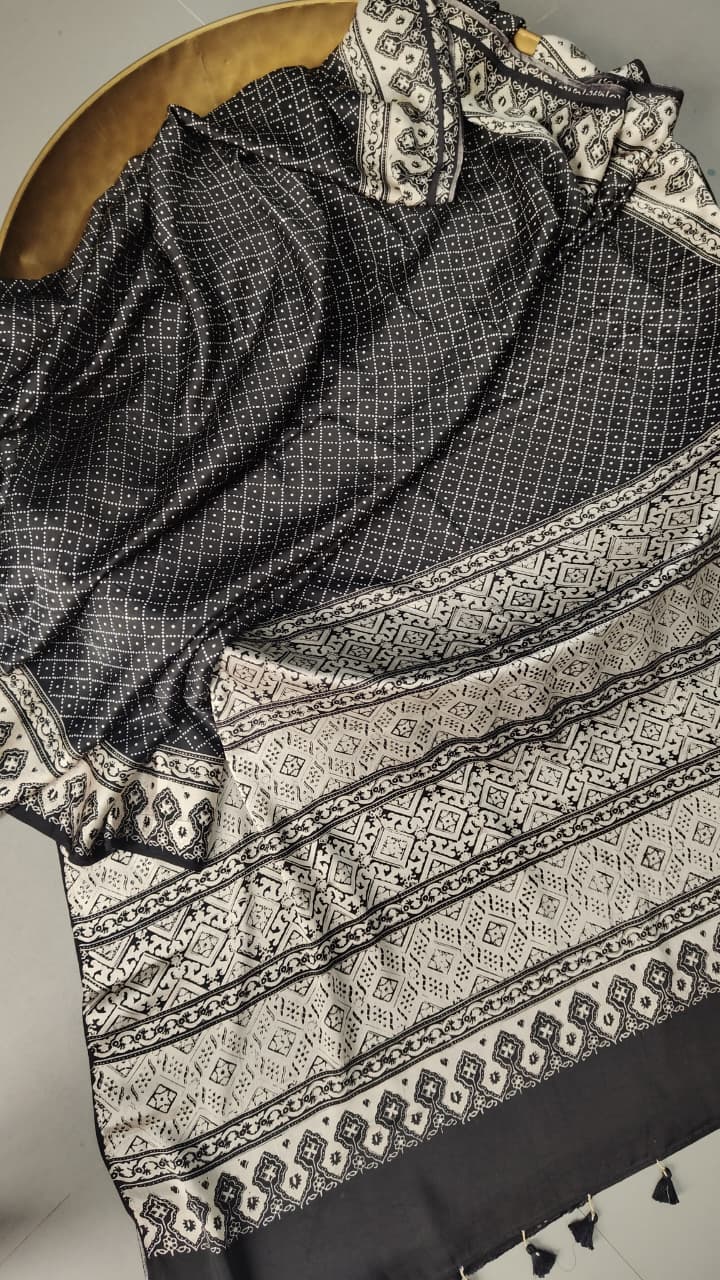 Statement Black and White Authentic Ajrakh  Hand Block Print on Modal Silk Saree | SHOBITAM