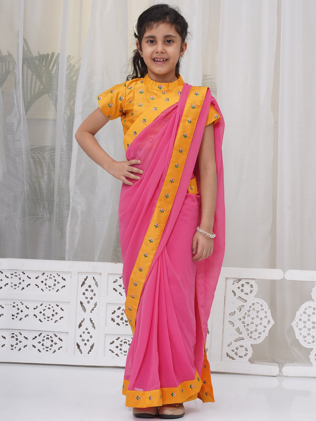 Girls Brocade Short Sleeves Sequin Floral Embroidery Ready to wear Blouse with Ready to wear Georgette Saree - Pink | SHOBITAM