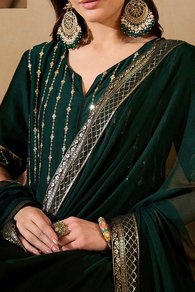 Green Silk Blend Woven Design Anarkali Suit Set | SHOBITAM