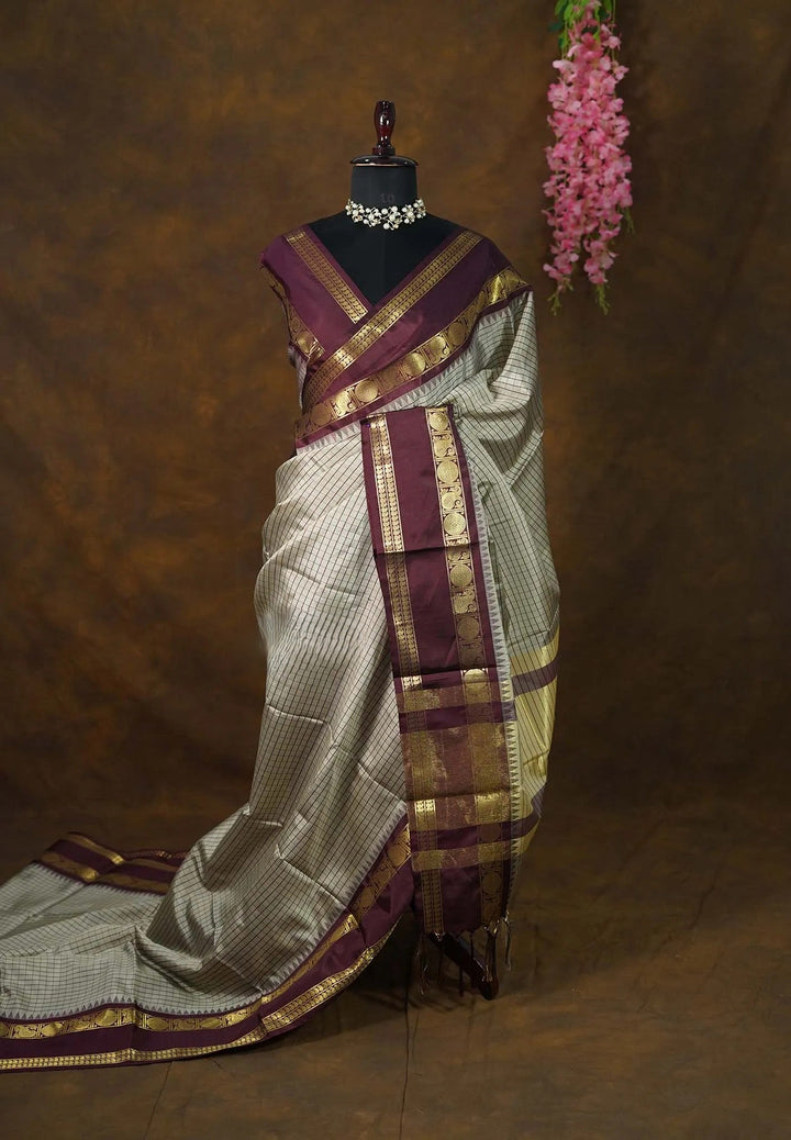 Gray and Plum Semi Silk Saree with Rettaipet Borders | SHOBITAM