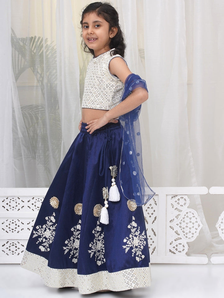 Girls Silk Brocade Kali Work Lehenga with Floral Thread Work & Sequin work Sleeveless Blouse with Dupatta - Royal Blue | SHOBITAM