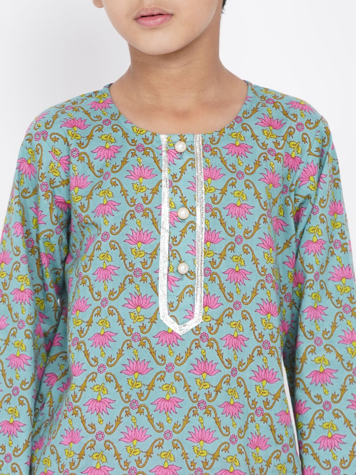 Boys Floral Kurta with Pearl Buttons and Dhoti in Blue and Pink  | SHOBITAM