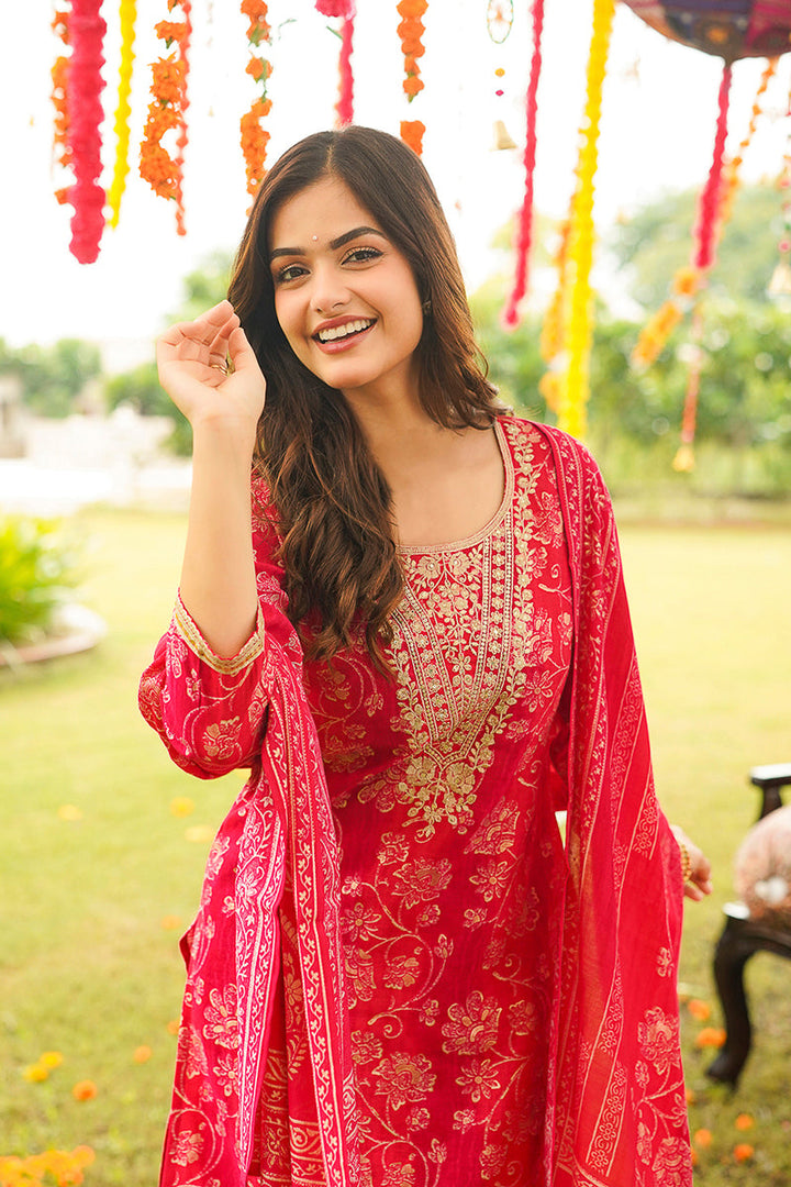 Red Viscose Rayon Floral Embroidered Straight Kurta Trousers With Dupatta | SHOBITAM