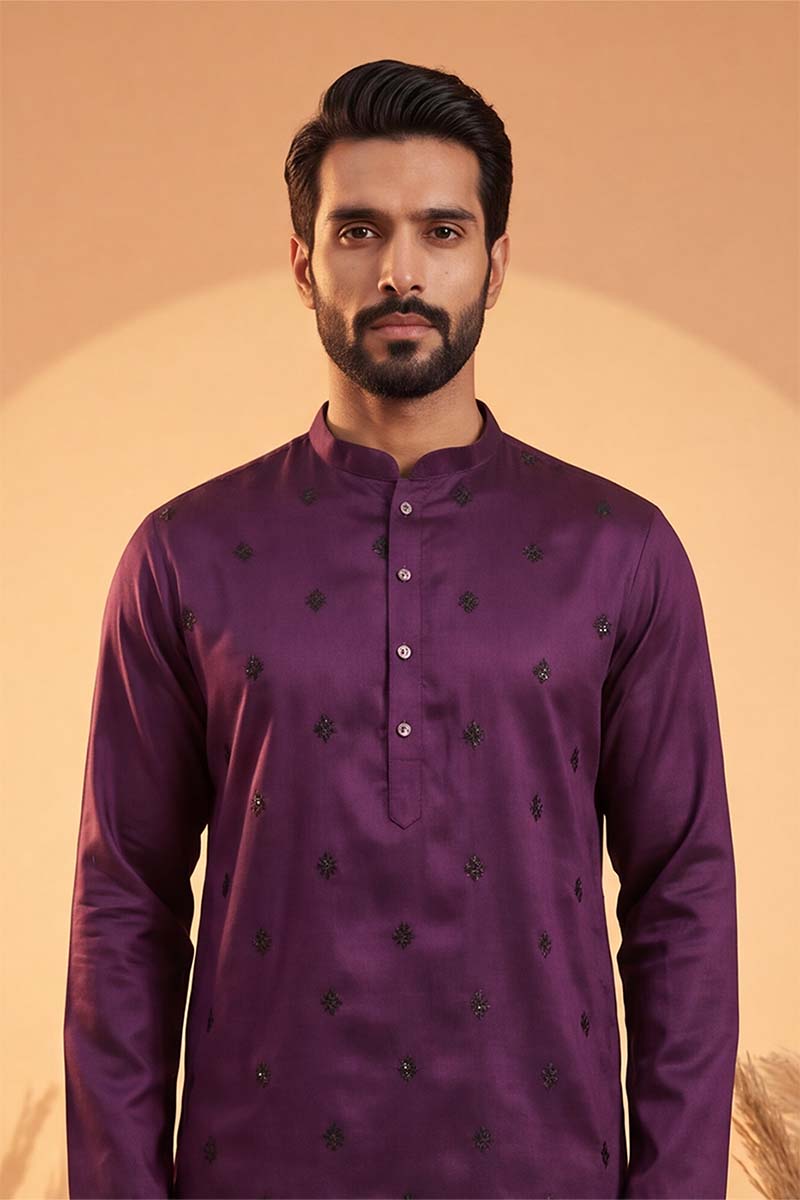 Mens Violet Silk Blend Solid Embroidered Kurta With Trousers | SHOBITAM
