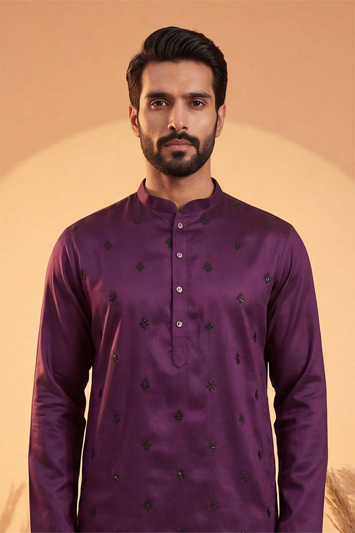 Mens Violet Silk Blend Solid Embroidered Kurta With Trousers | SHOBITAM